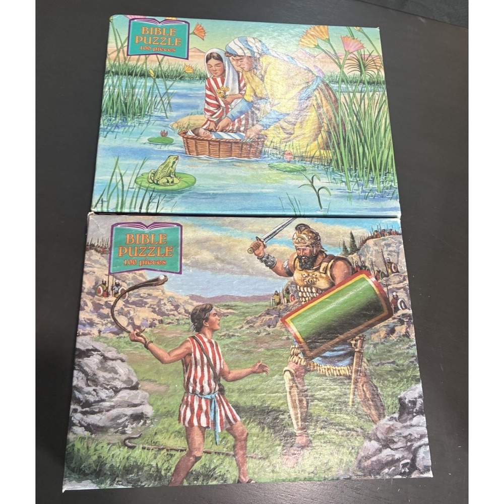 Vtg Rainbow Works Bible Story Puzzle Lot Of 2 Moses, David & Goliath 100 Pc Puzz
